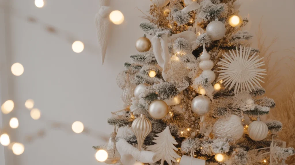 Close-up of a neutral and white Christmas tree with ivory ornaments, linen ribbons, and warm golden fairy lights.