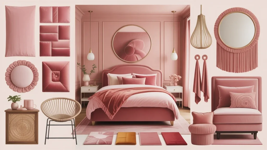 Pink bedroom moodboard showing blush, coral, and gold decor inspiration