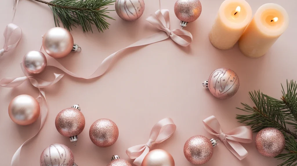 Flat lay of blush Christmas decor ornaments, silk ribbons, and candles in a soft pink holiday theme