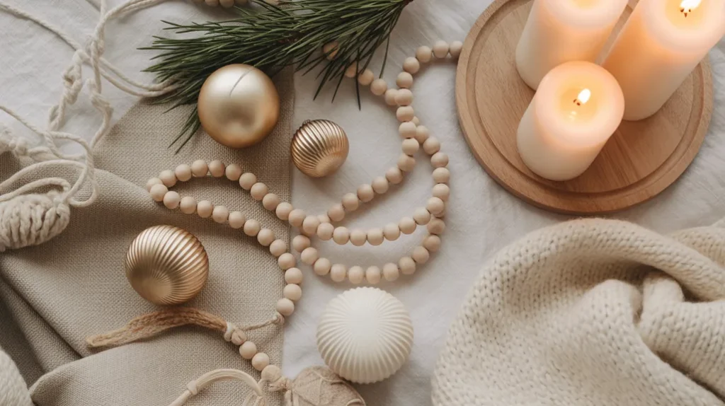 Scandinavian Neutral Christmas Palette flat lay with ornaments, pinecones, linen textiles, and white candles — modern hygge holiday decor inspiration.