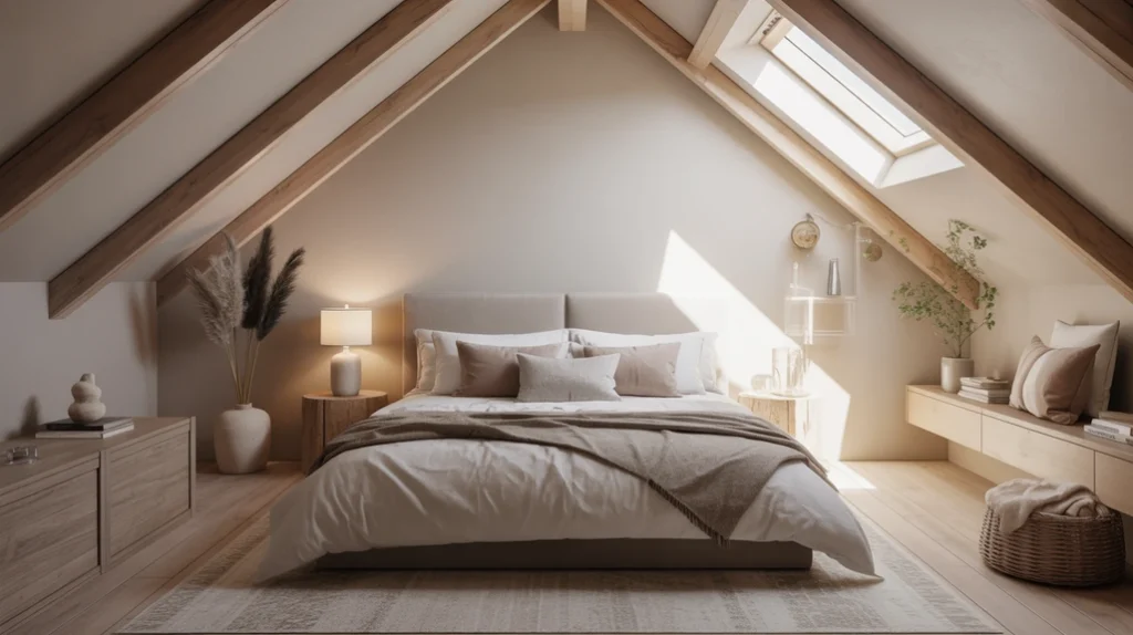 intro-stylish-attic-bedroom – stylish attic bedroom ideas with wooden beams, soft rugs, and neutral tones
