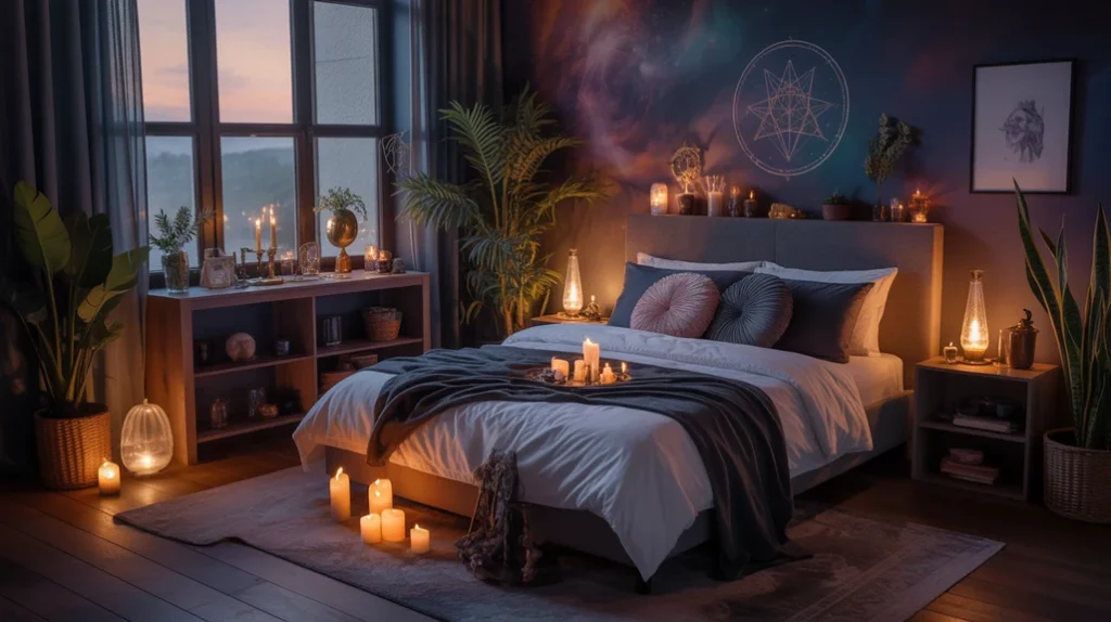 Enchanting witchy bedroom setup with soft lighting, hanging plants, and moon wall art — inspiration for dreamy witchy bedroom decor.