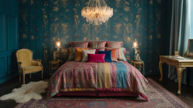 Maximalist bedroom ideas with bold wallpaper, layered rugs, and eclectic décor for a stylish retreat.