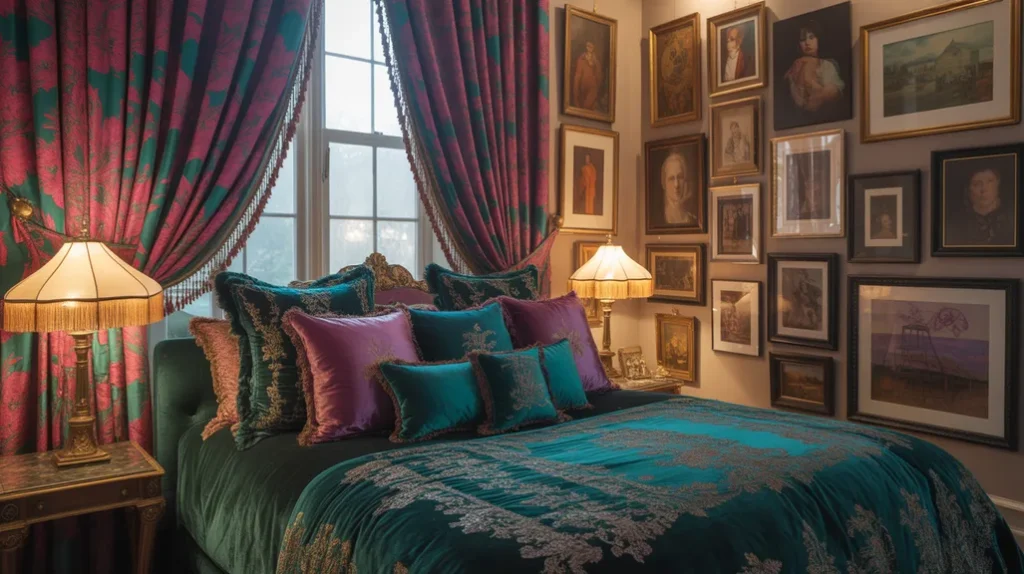 Eye-catching maximalist bedroom with jewel-tone bedding, patterned curtains, and layered wall art.