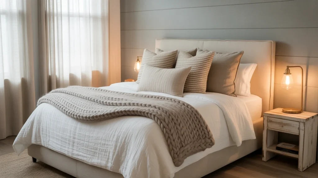 Modern farmhouse bedroom with shiplap wall, rustic wood bed, and layered bedding.