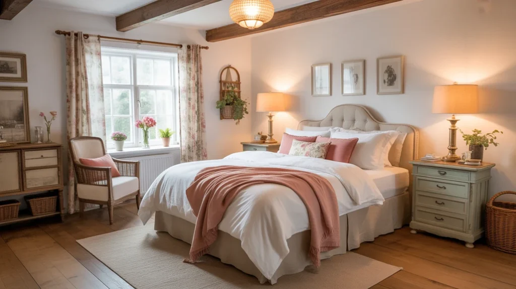 Warm cozy cottage bedroom with white bedding, rustic wood furniture, and natural light — featured image for cozy cottage bedroom ideas article.