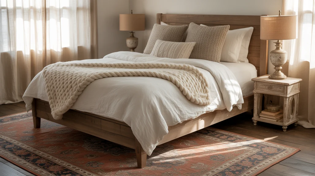 Rustic farmhouse bedroom with reclaimed wood furniture and cozy bedding.