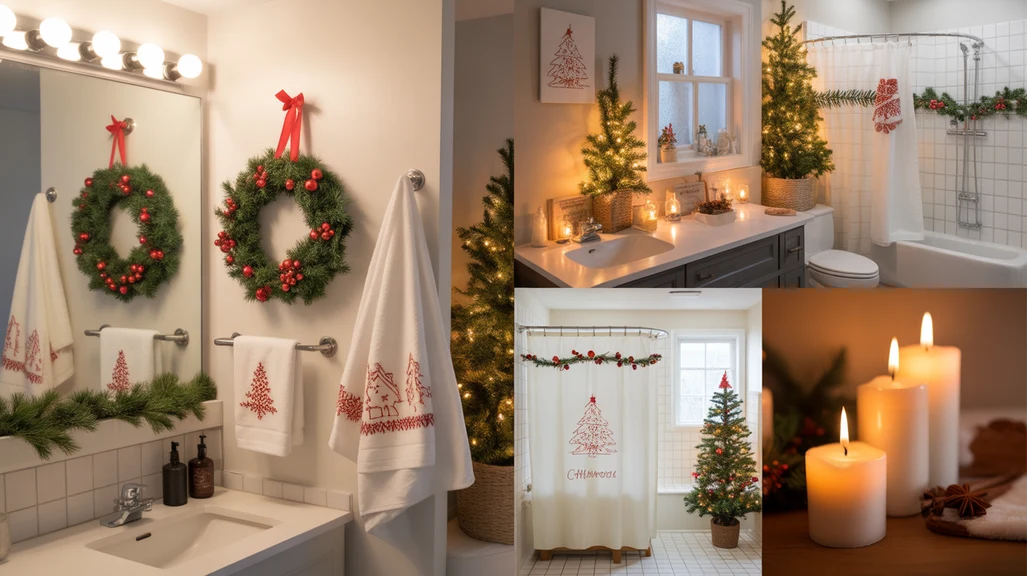 collage showing cozy christmas bathroom decor ideas with wreaths, towels, warm lights, and festive accents