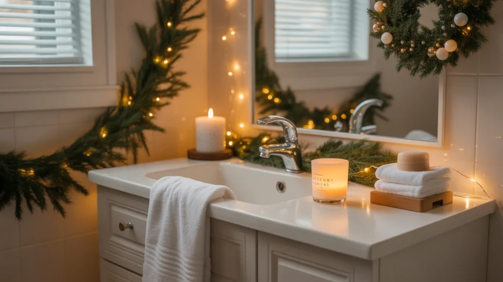 cozy christmas bathroom decor ideas with soft lighting, greenery, and warm holiday textures