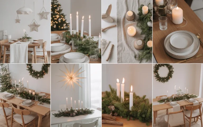 A cozy Scandinavian Christmas collage featuring white-and-wood dining tables, soft greenery
