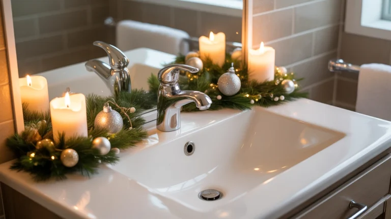 bathroom sink Christmas decor ideas with greenery, candles, and festive countertop accents