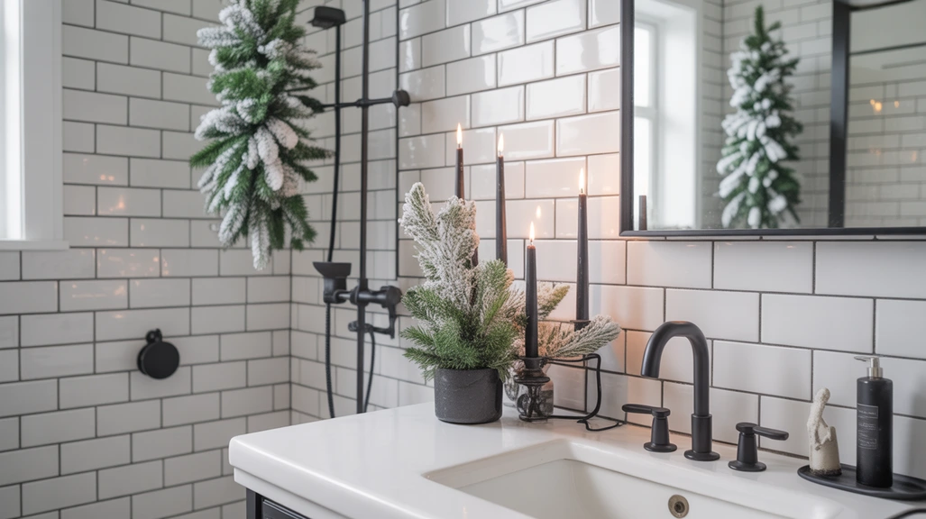 black and white christmas bathroom decor ideas with modern fixtures, greenery, and soft winter lighting
