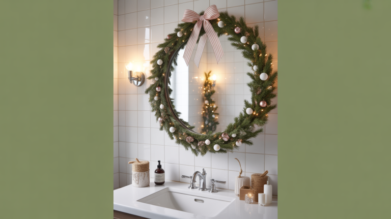 christmas bathroom mirror decor ideas with greenery, ribbon, and soft holiday lighting