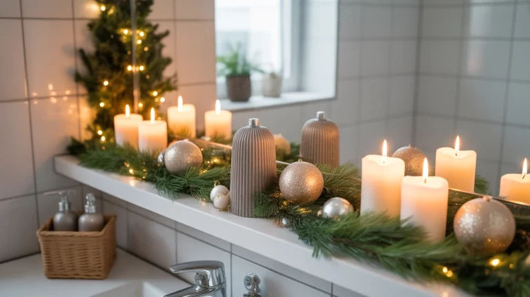 christmas bathroom shelf decor ideas with greenery, candles, and festive accents