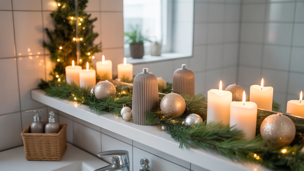 christmas bathroom shelf decor ideas with greenery, candles, and festive accents