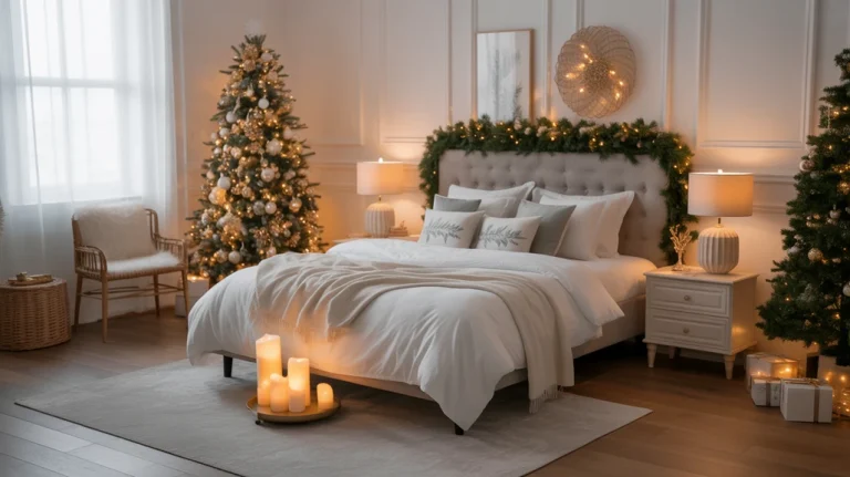 Christmas bedroom decor ideas with cozy bedding, greenery garland, and warm holiday lighting