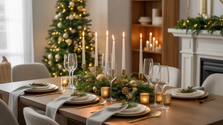 Christmas dining table decor ideas with elegant greenery centerpiece and warm candlelight