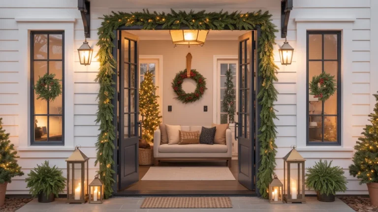 “Christmas entryway decor ideas with festive greenery, lantern lighting, and a warm holiday welcome setup”