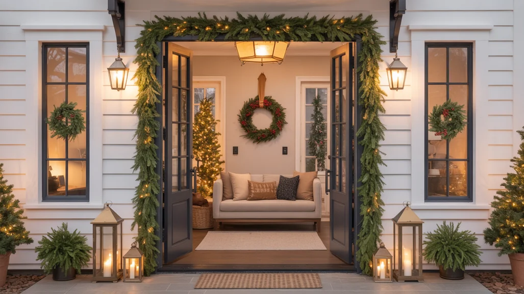 “Christmas entryway decor ideas with festive greenery, lantern lighting, and a warm holiday welcome setup”