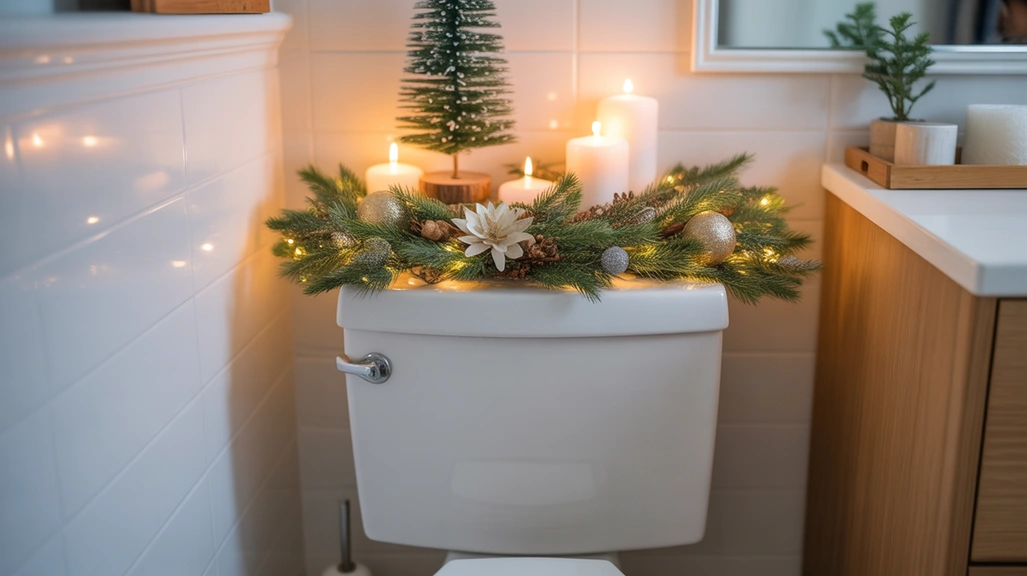 christmas toilet tank decor ideas for a festive bathroom with greenery and mini holiday accents