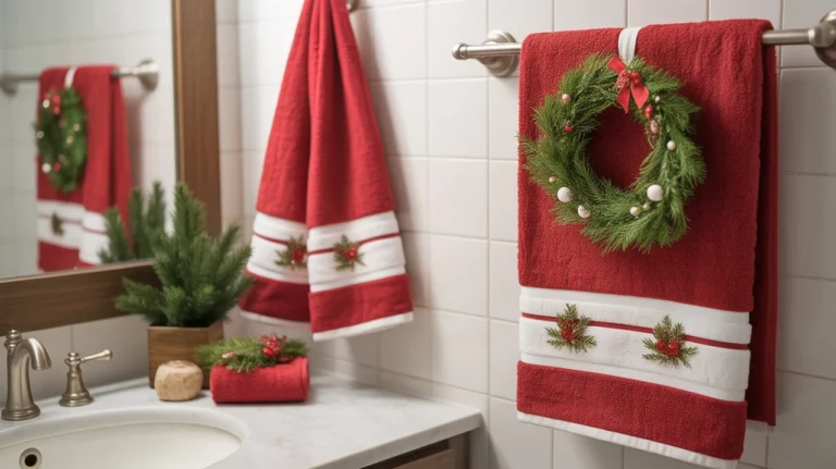 christmas towel styling ideas for a festive bathroom with red and white layered towels and cozy holiday décor