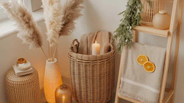cozy boho christmas bathroom decor ideas with warm lighting, natural textures, and festive greenery