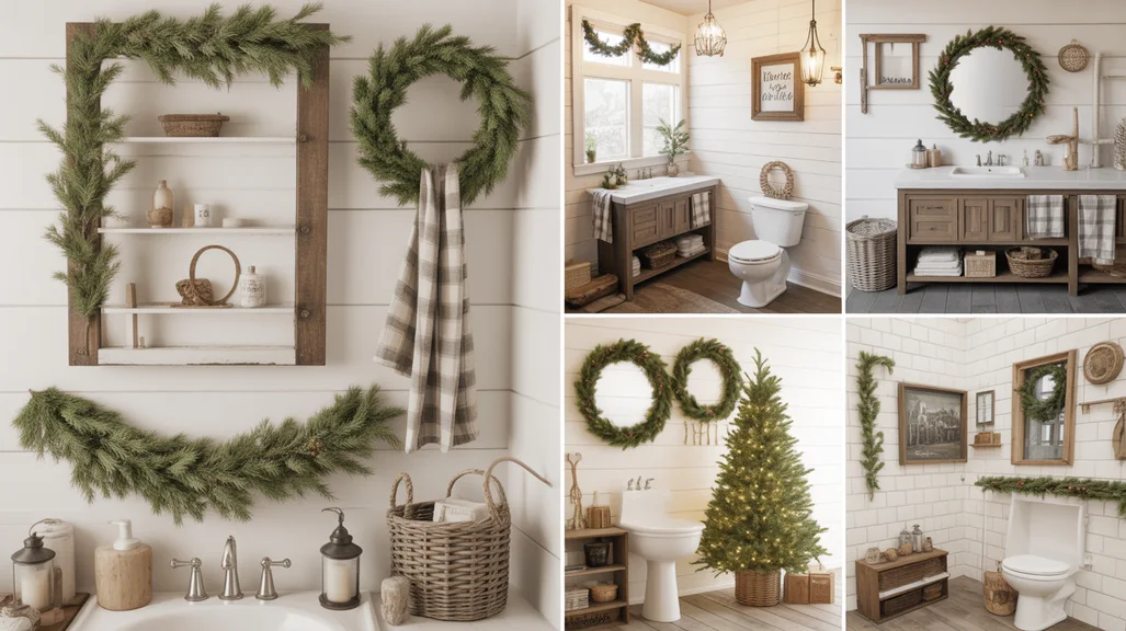 collage showcasing farmhouse christmas bathroom decor ideas with greenery, rustic wood, and cozy country holiday textures