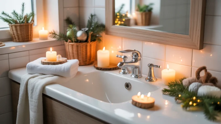 Cozy Hygge Christmas bathroom decor ideas for a warm winter home with candles and natural accents.