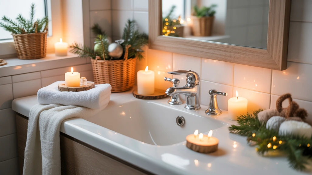 Cozy Hygge Christmas bathroom decor ideas for a warm winter home with candles and natural accents.