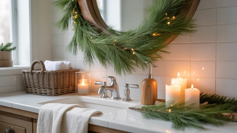 Natural Christmas bathroom decor ideas with greenery, wood textures, and warm organic holiday style.