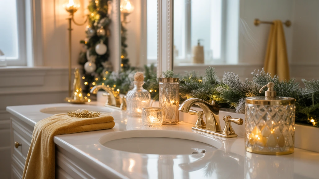 glam christmas bathroom decor ideas with gold accents, frosted greenery, and elegant holiday styling