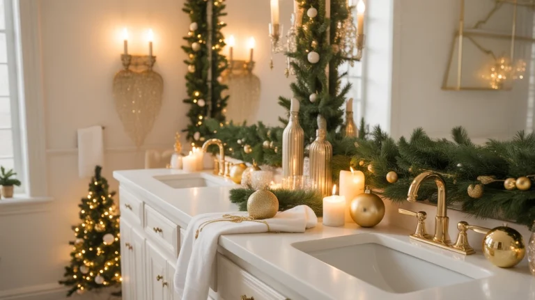 gold christmas bathroom decor ideas with elegant vanity, gold accents, candles and greenery