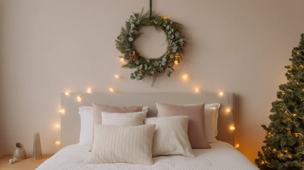 Lighted Christmas wreath hanging above bed headboard, creating classic festive wall decor for a cozy bedroom.
