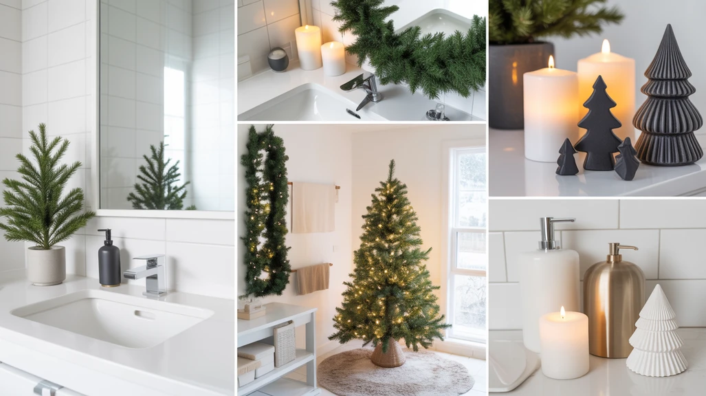 collage showcasing modern christmas bathroom decor ideas with greenery, candles, metallic accents, and clean minimalist styling