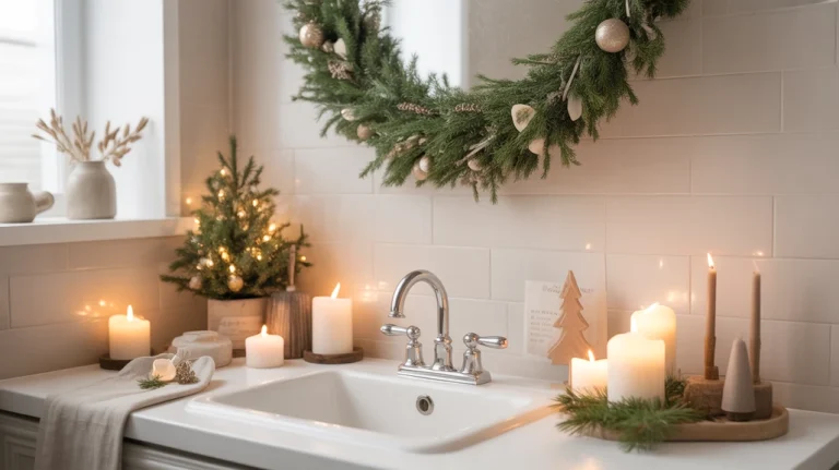 neutral christmas bathroom decor ideas with soft lighting, greenery, and cozy neutral tones