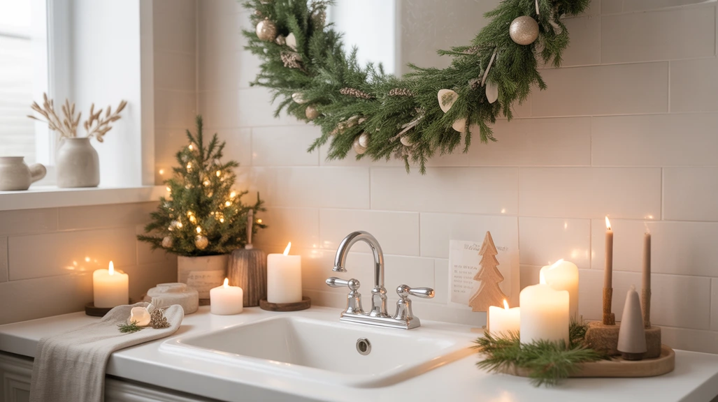 neutral christmas bathroom decor ideas with soft lighting, greenery, and cozy neutral tones