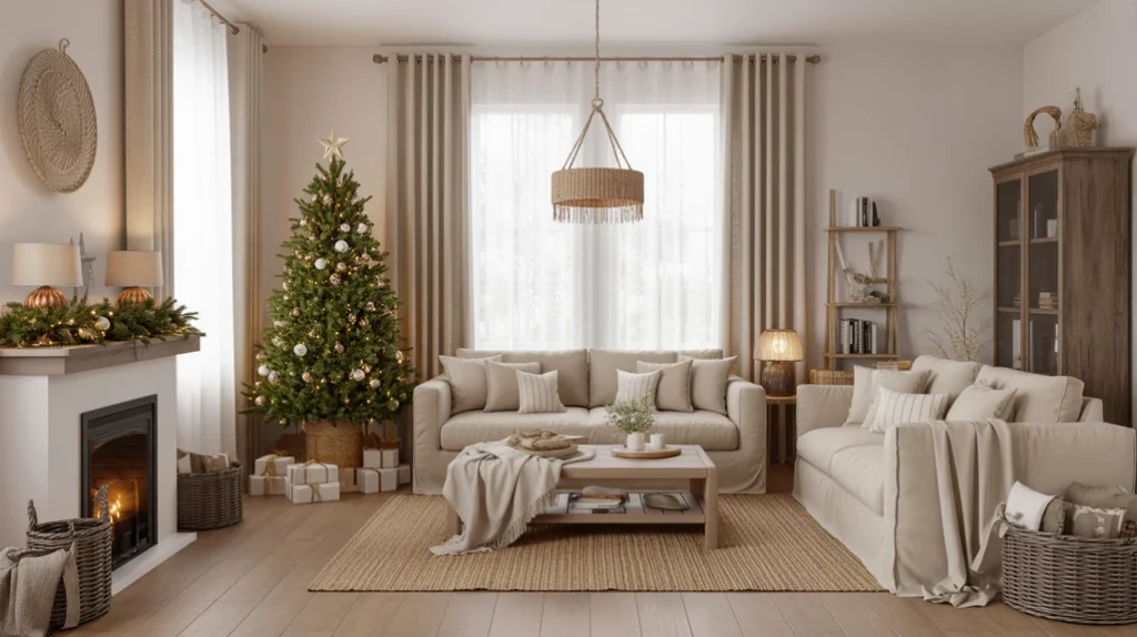 Neutral farmhouse Christmas living room decor with beige walls, wood accents, and rustic holiday textures.