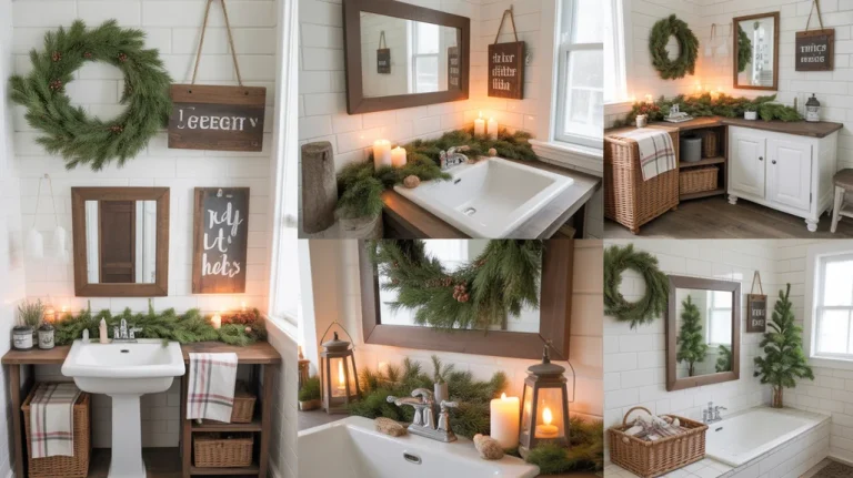 collage showcasing rustic christmas bathroom decor ideas with greenery, wooden accents, and cozy farmhouse textures