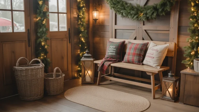 “Rustic farmhouse Christmas entryway decor ideas with cozy country holiday styling”