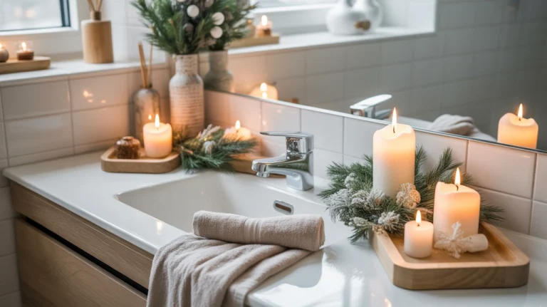 scandinavian christmas bathroom decor ideas with natural wood, greenery, and cozy nordic holiday style
