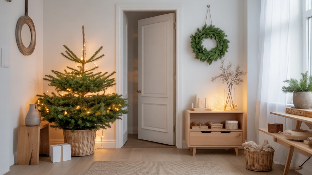 “Scandinavian Christmas entryway decor ideas with minimalist greenery and Nordic holiday styling”