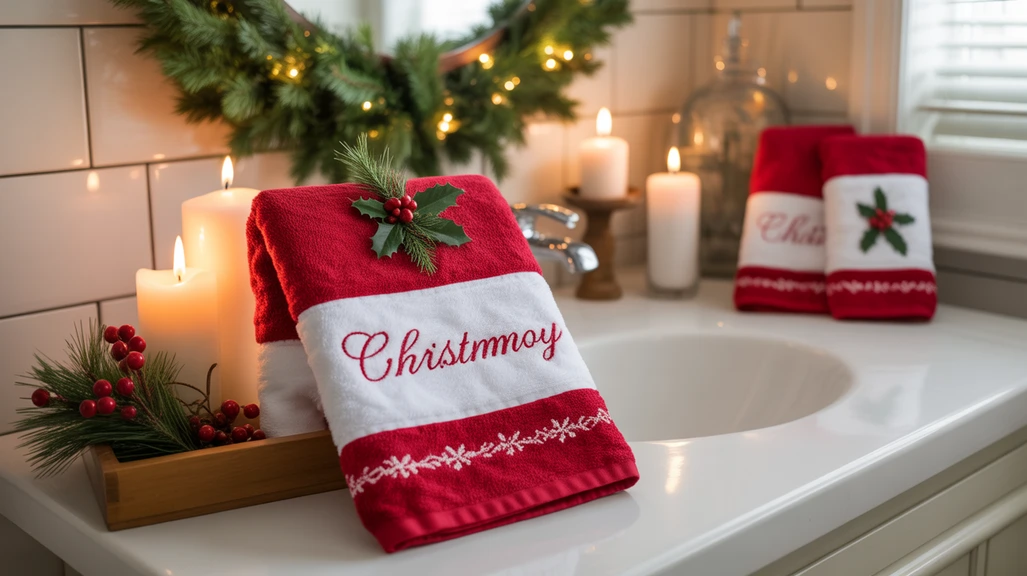 simple classic christmas bathroom decor ideas with red towels, greenery, and warm festive accents