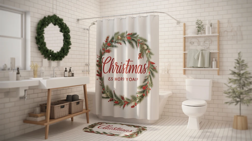 Budget Christmas shower curtain decor ideas for a cute and festive bathroom makeover. (Main keyword included)