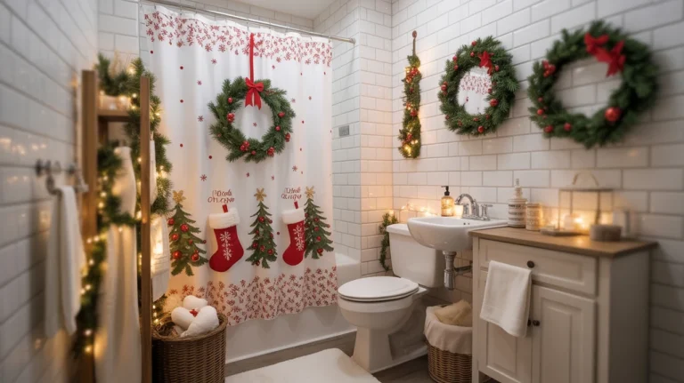 Cozy Christmas bathroom decor ideas for small spaces with festive seasonal accents.