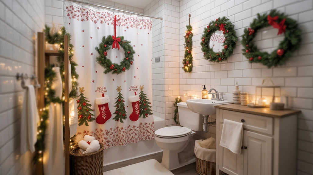 Cozy Christmas bathroom decor ideas for small spaces with festive seasonal accents.