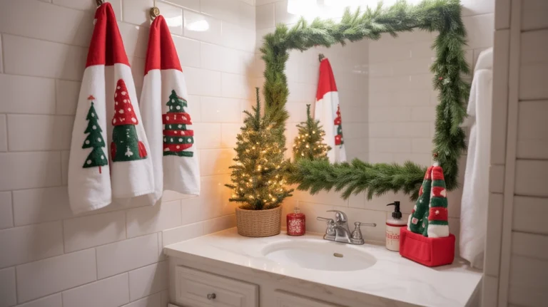 Budget Christmas bathroom decor ideas for a festive holiday look with cozy winter accents.