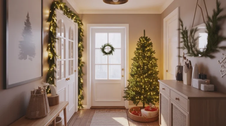 Cozy Christmas hallway decor ideas with warm lighting, greenery garlands, and a festive welcoming entryway