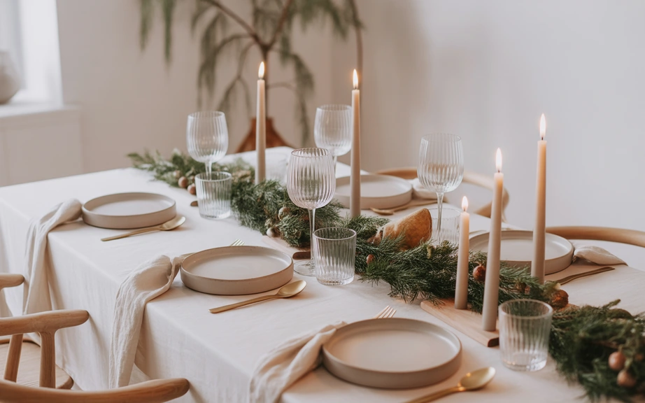 A calm, minimalist Scandinavian Christmas dining table with white linens, soft greenery.