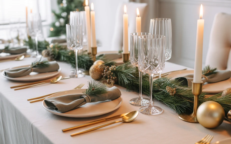 A refined Christmas dining table styled with gold flatware, crystal glassware.