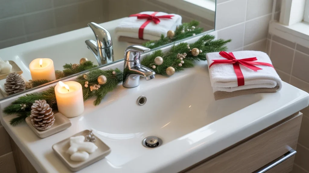 festive bathroom sink decorated with Christmas greenery, candles, and winter accessories in a modern holiday style